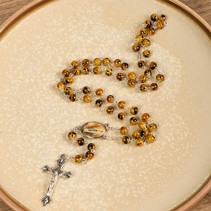 Our Lady of Fatima & Crucifix of 8 mm Round Pattern Stone Alloy Chain Rosary