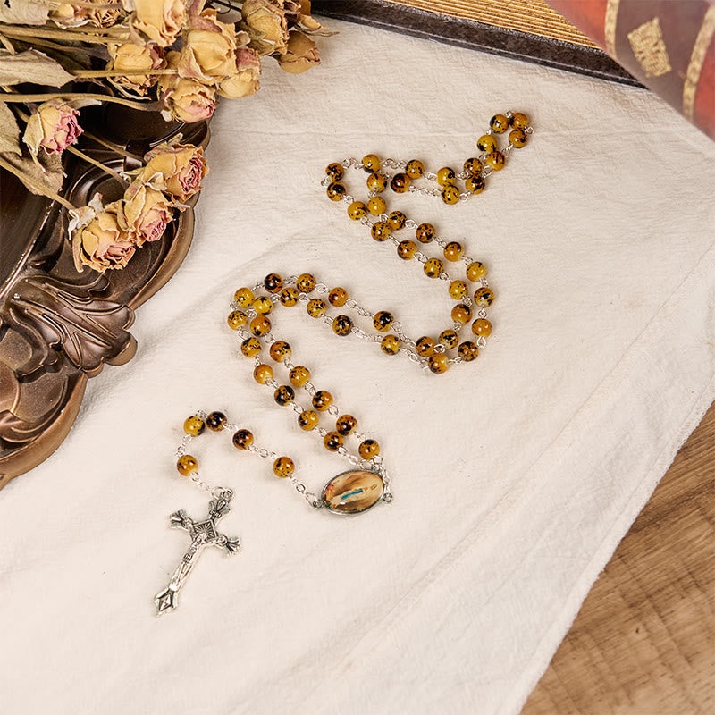 Our Lady of Fatima & Crucifix of 8 mm Round Pattern Stone Alloy Chain Rosary