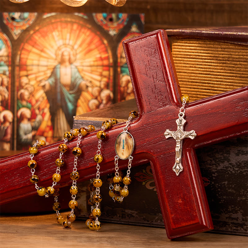 Our Lady of Fatima & Crucifix of 8 mm Round Pattern Stone Alloy Chain Rosary