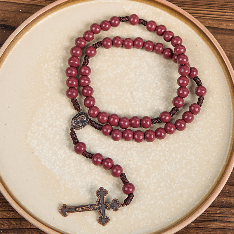 Madonna and Child & Crucifix of 10mm Round Red Wood Nylon Cord Rosary