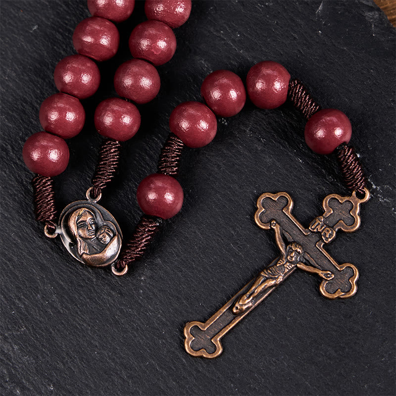 Madonna and Child & Crucifix of 10mm Round Red Wood Nylon Cord Rosary