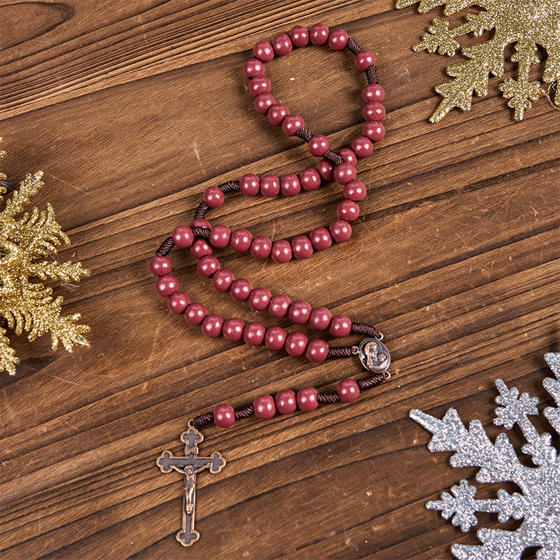 Madonna and Child & Crucifix of 10mm Round Red Wood Nylon Cord Rosary