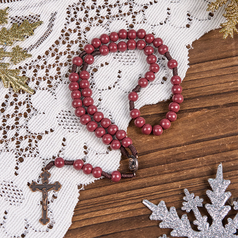 Madonna and Child & Crucifix of 10mm Round Red Wood Nylon Cord Rosary