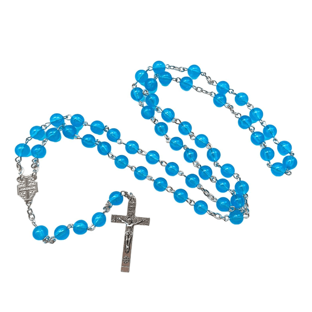 Jerusalem Medal & Crucifix of 8mm Round Blue Acrylic Alloy Chain Rosary