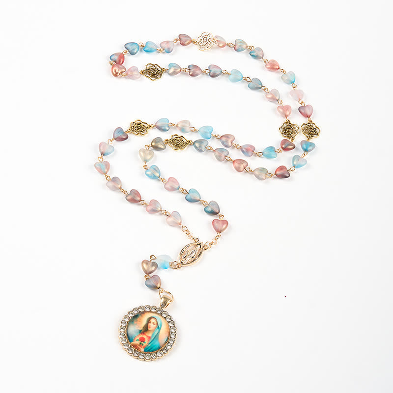 Miraculous Medal & Immaculate Heart of 10mm Heart Rose Multicolor Glass Alloy Chain Rosary