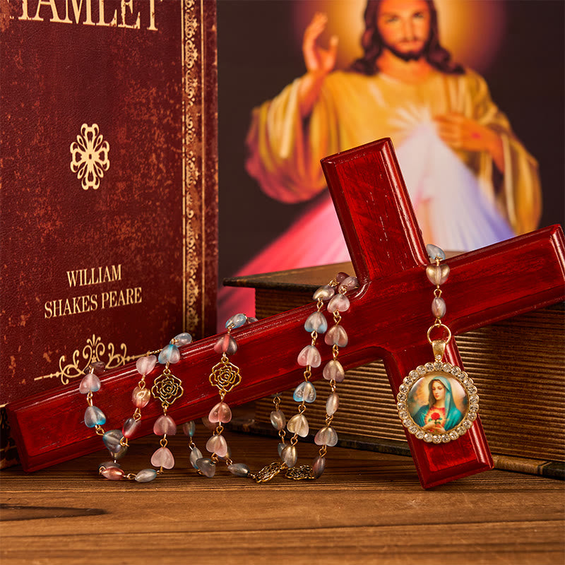 Miraculous Medal & Immaculate Heart of 10mm Heart Rose Multicolor Glass Alloy Chain Rosary