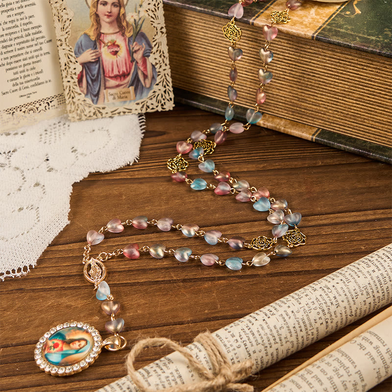 Miraculous Medal & Immaculate Heart of 10mm Heart Rose Multicolor Glass Alloy Chain Rosary