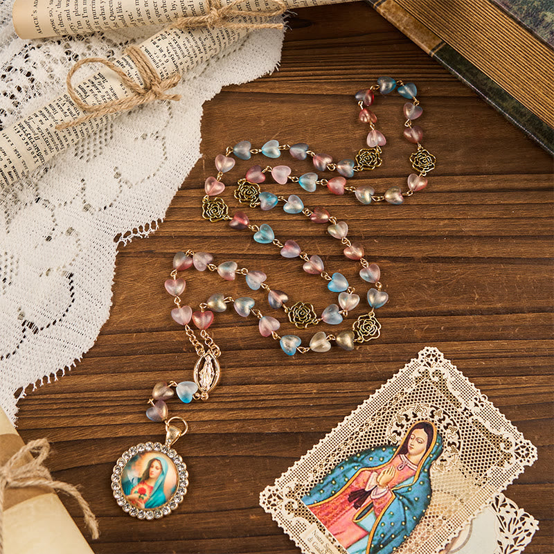 Miraculous Medal & Immaculate Heart of 10mm Heart Rose Multicolor Glass Alloy Chain Rosary