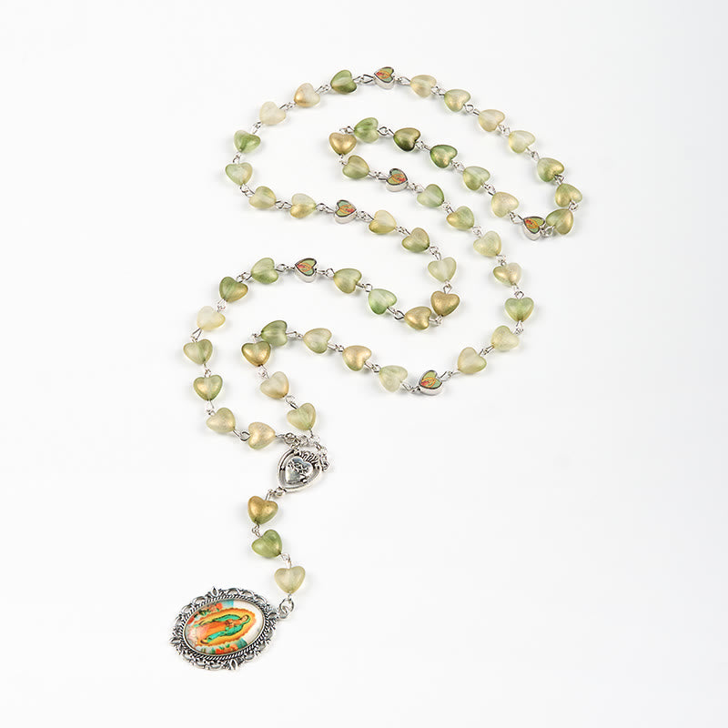Heart of Thorns & Our Lady of Guadalupe of 10mm Heart Green Glass Alloy Chain Rosary