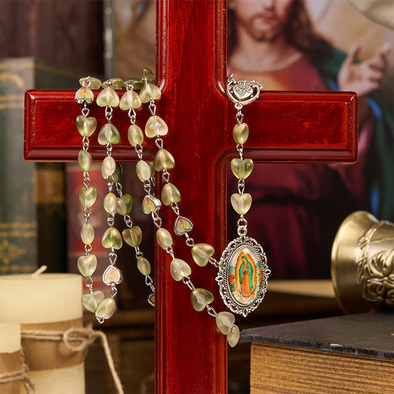 Heart of Thorns & Our Lady of Guadalupe of 10mm Heart Green Glass Alloy Chain Rosary