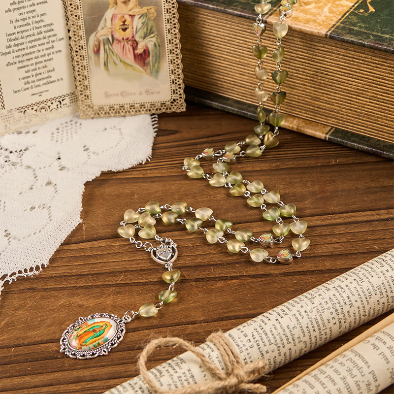 Heart of Thorns & Our Lady of Guadalupe of 10mm Heart Green Glass Alloy Chain Rosary