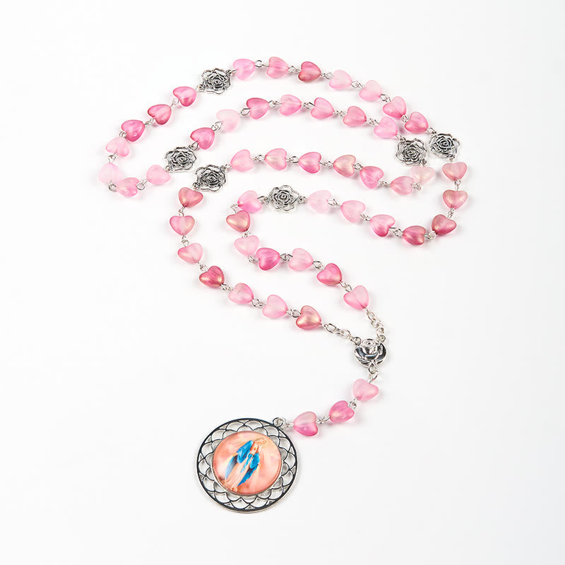 Rose & Miraculous Medal of 10mm Heart Rose Pink Glass Alloy Chain Rosary