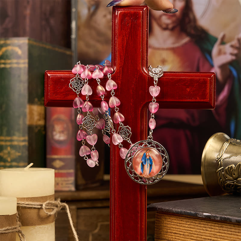 Rose & Miraculous Medal of 10mm Heart Rose Pink Glass Alloy Chain Rosary