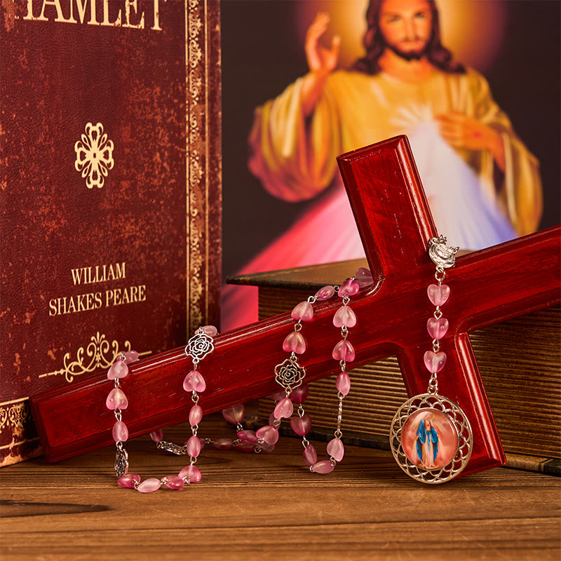 Rose & Miraculous Medal of 10mm Heart Rose Pink Glass Alloy Chain Rosary