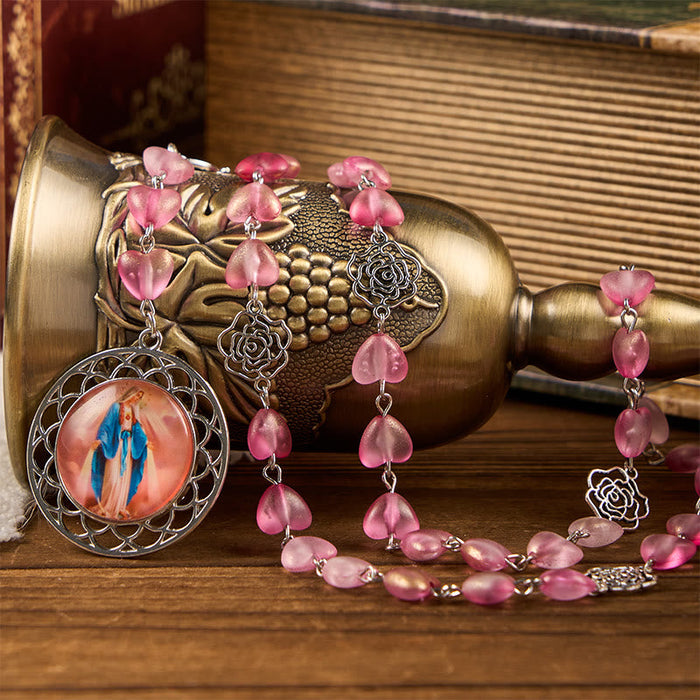 Rose & Miraculous Medal of 10mm Heart Rose Pink Glass Alloy Chain Rosary
