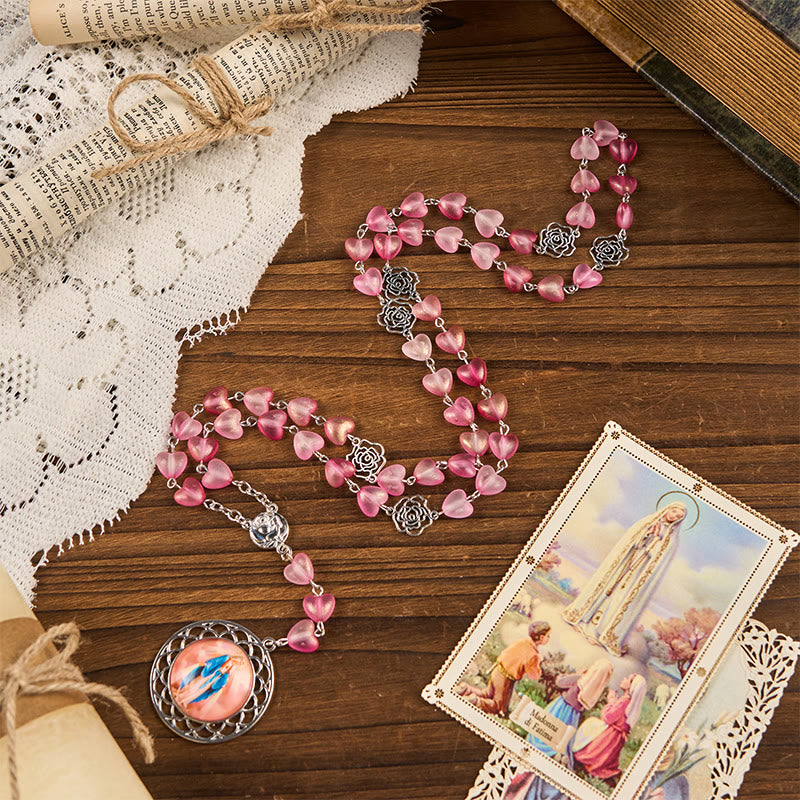 Rose & Miraculous Medal of 10mm Heart Rose Pink Glass Alloy Chain Rosary