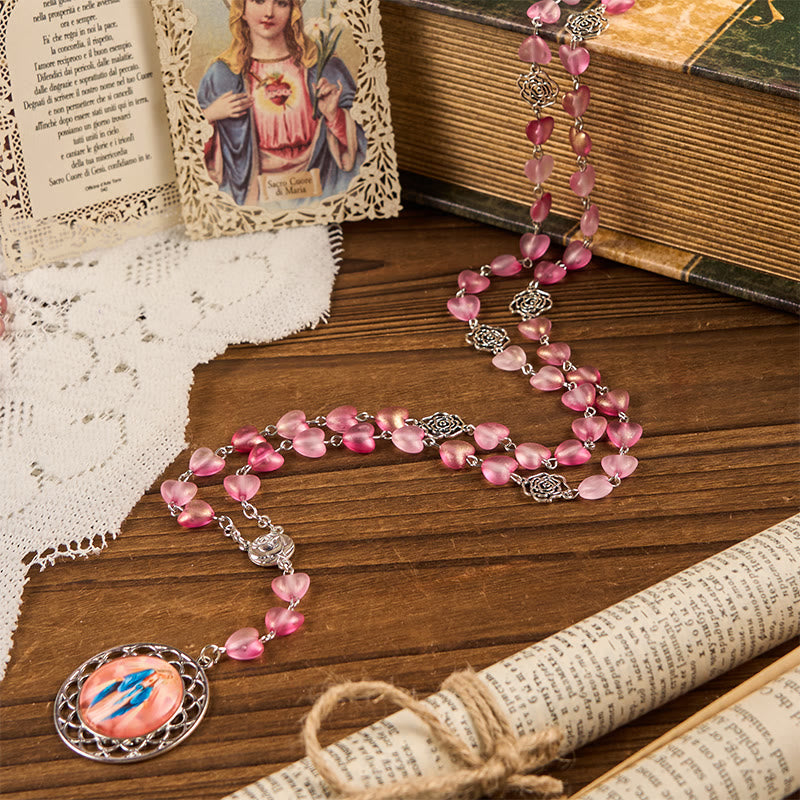 Rose & Miraculous Medal of 10mm Heart Rose Pink Glass Alloy Chain Rosary