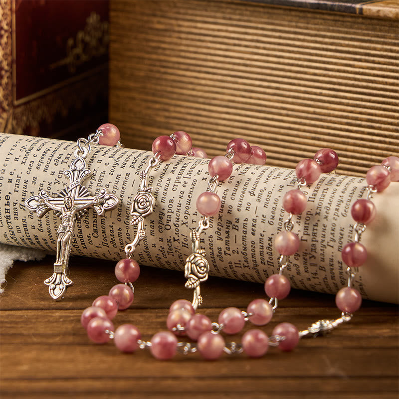 Our Lady & Crucifix of 8mm Round Rose Pink Alloy Chain Rosary