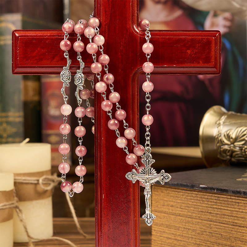 Our Lady & Crucifix of 8mm Round Rose Pink Alloy Chain Rosary