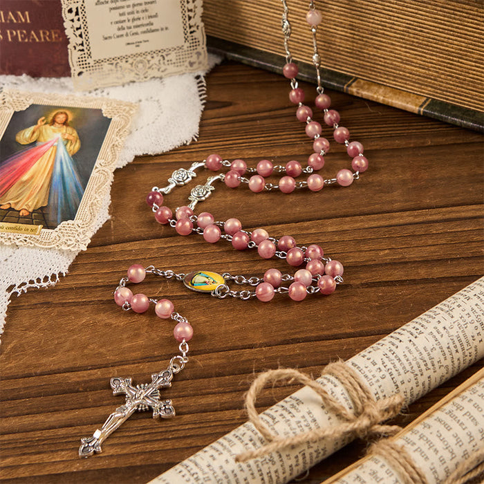 Our Lady & Crucifix of 8mm Round Rose Pink Alloy Chain Rosary