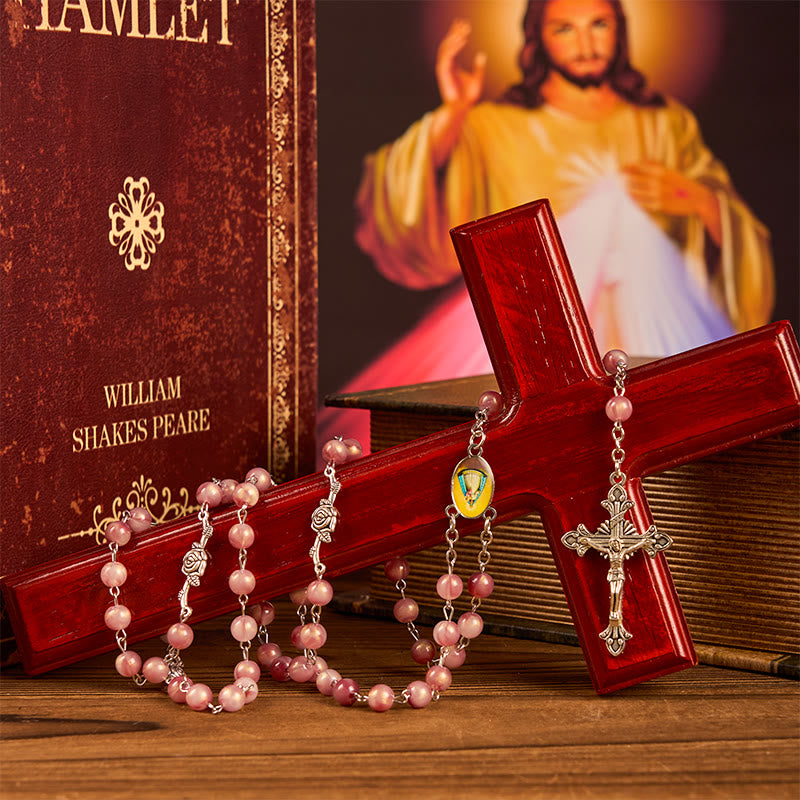 Our Lady & Crucifix of 8mm Round Rose Pink Alloy Chain Rosary