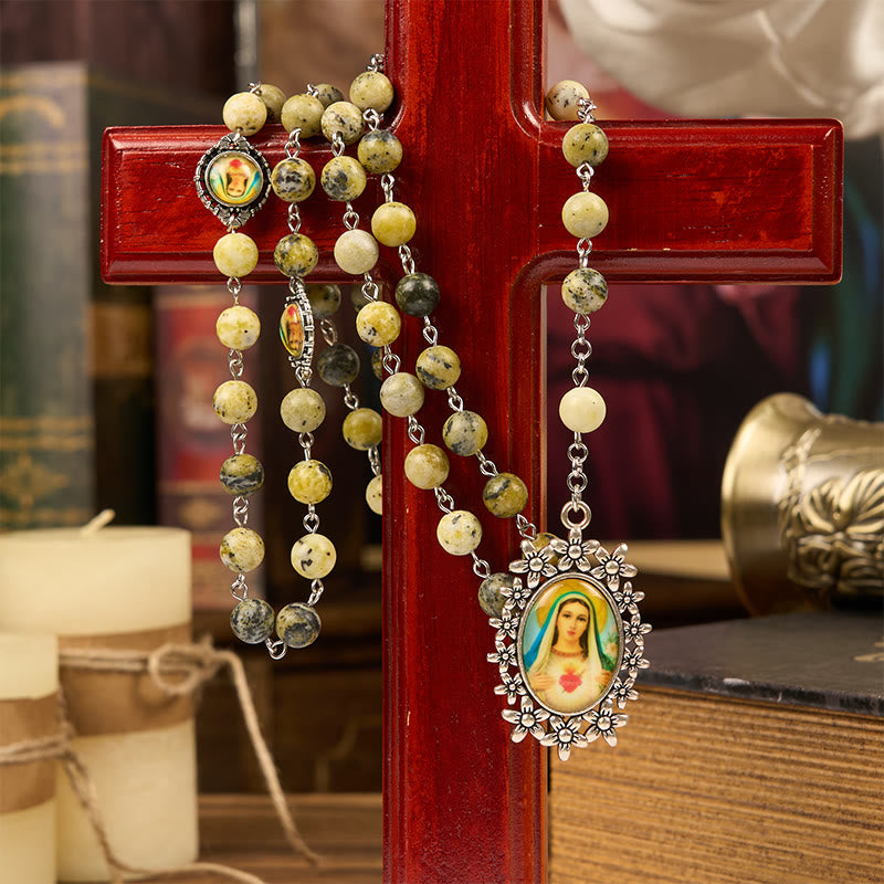 Miraculous Medal & Immaculate Heart of 8mm Round Stone Yellow Alloy Chain Rosary