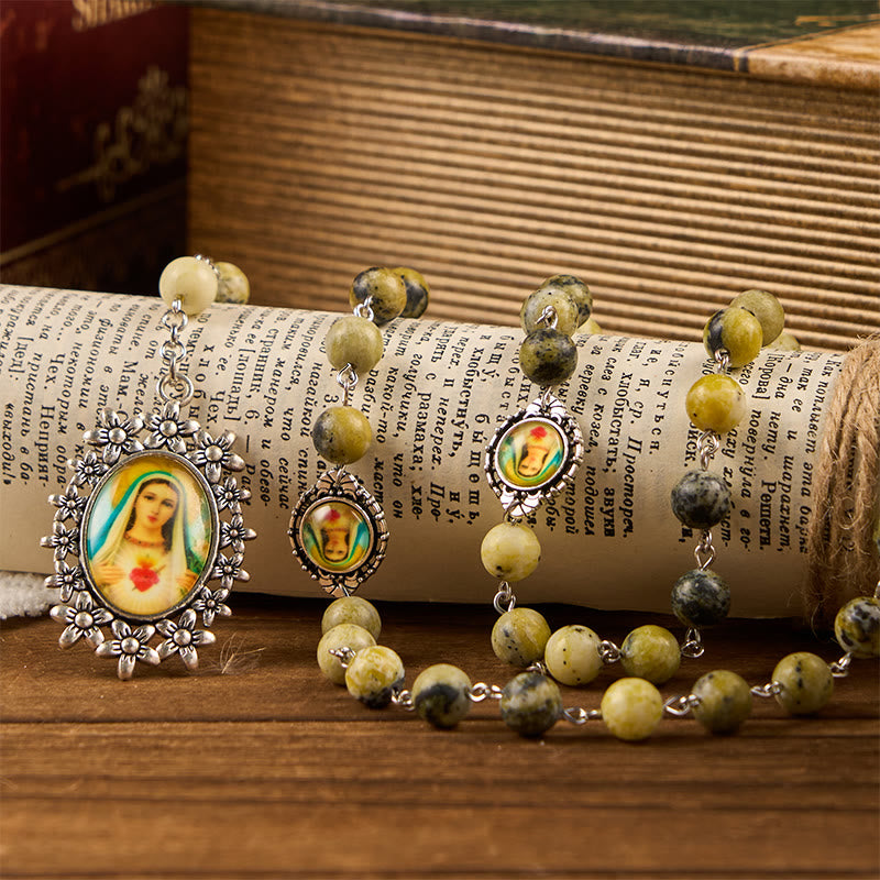 Miraculous Medal & Immaculate Heart of 8mm Round Stone Yellow Alloy Chain Rosary