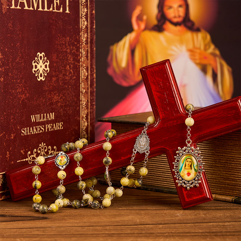 Miraculous Medal & Immaculate Heart of 8mm Round Stone Yellow Alloy Chain Rosary
