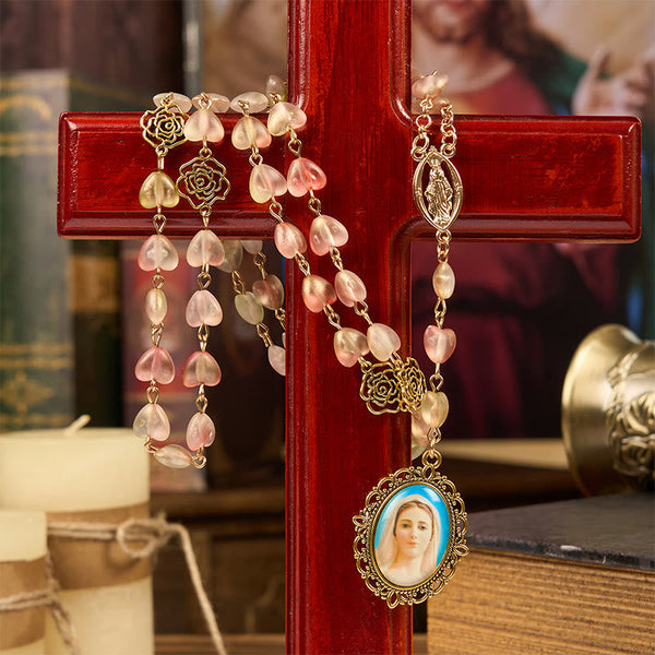 Miraculous Medal & Our Lady of 10mm Heart Rose Glass Alloy Chain Rosary
