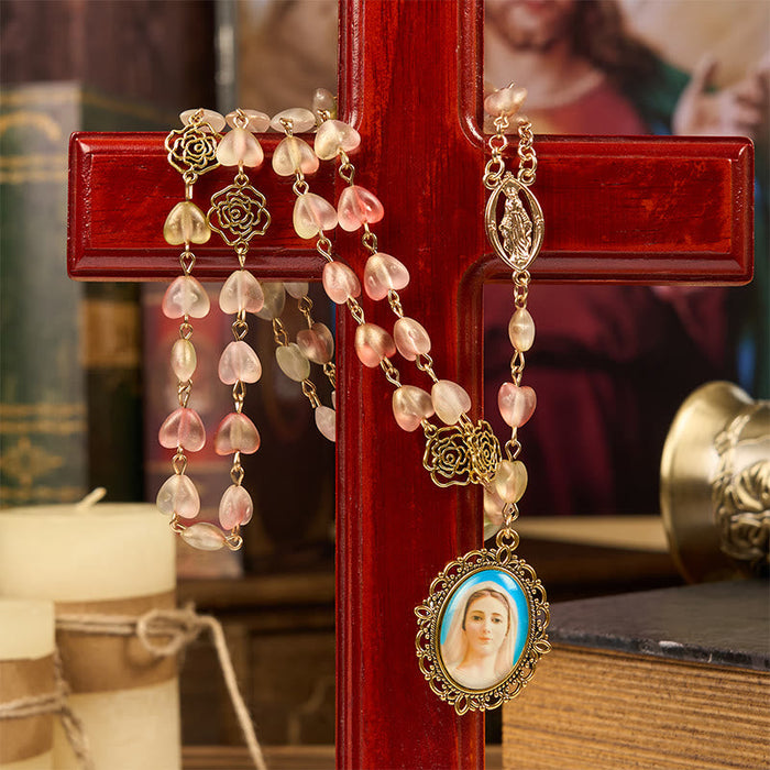 Miraculous Medal & Our Lady of 10mm Heart Rose Glass Alloy Chain Rosary