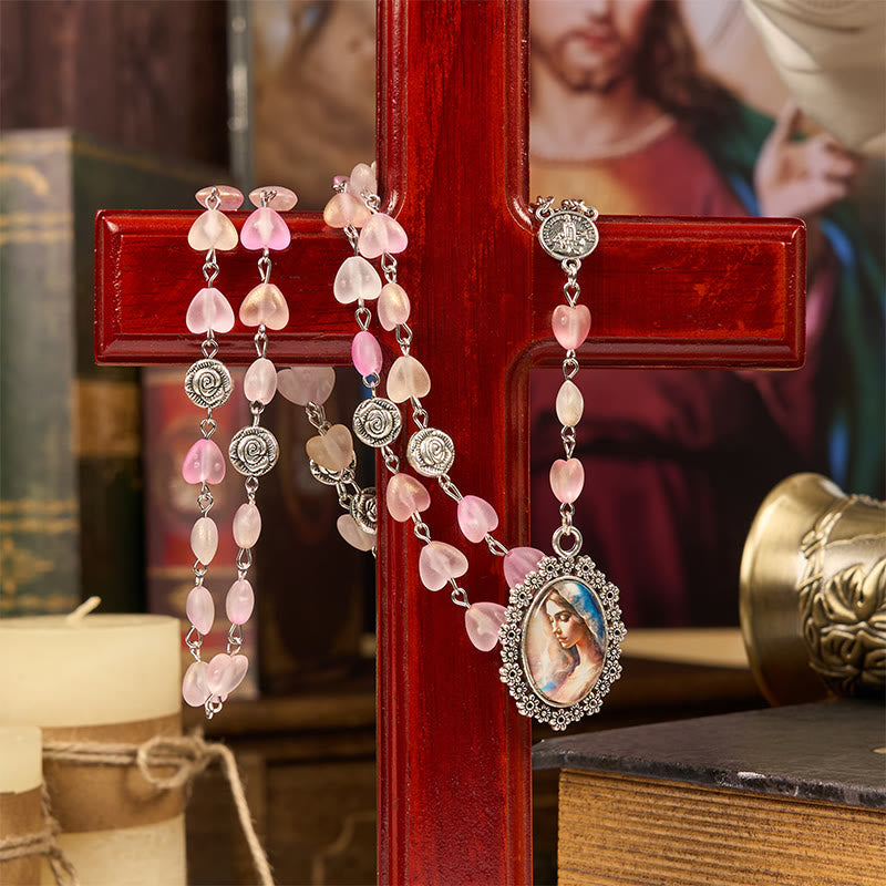 Praying Mary & Our Lady of 10mm Heart Rose Glass Pink Alloy Chain Rosary