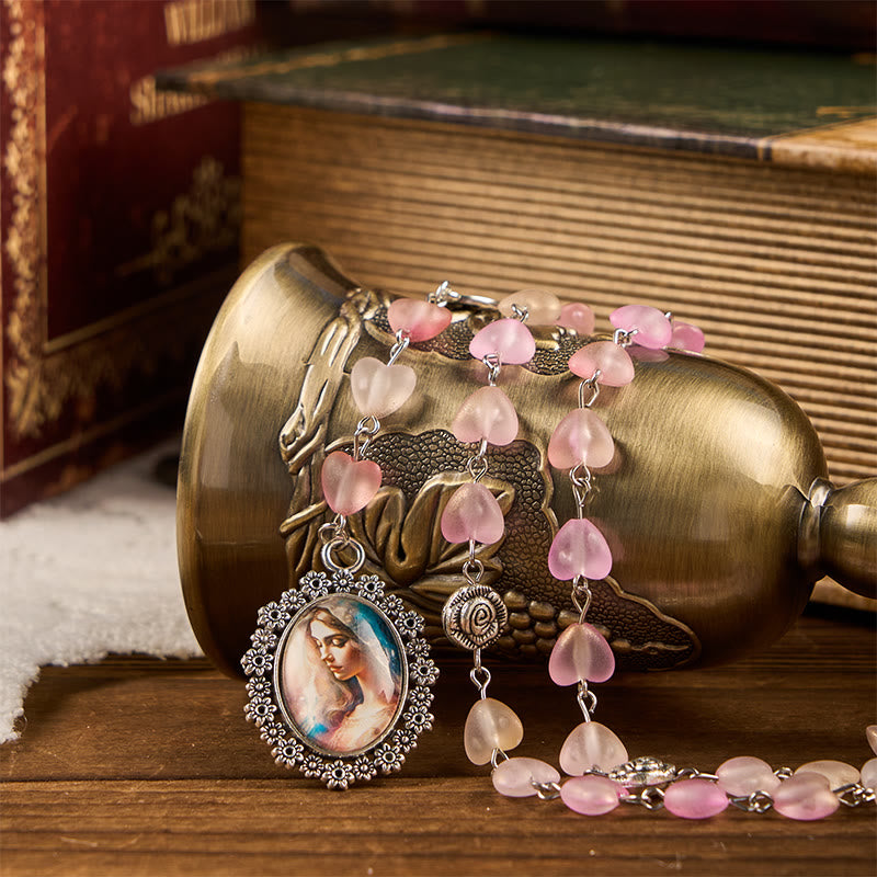 Praying Mary & Our Lady of 10mm Heart Rose Glass Pink Alloy Chain Rosary
