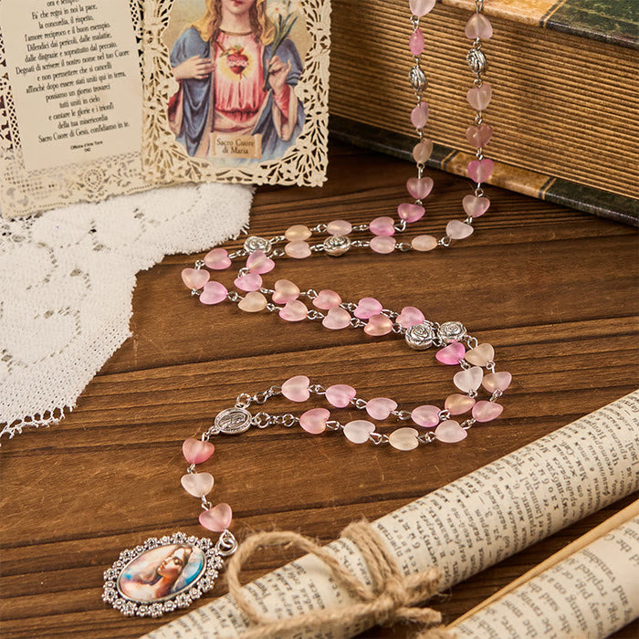 Praying Mary & Our Lady of 10mm Heart Rose Glass Pink Alloy Chain Rosary