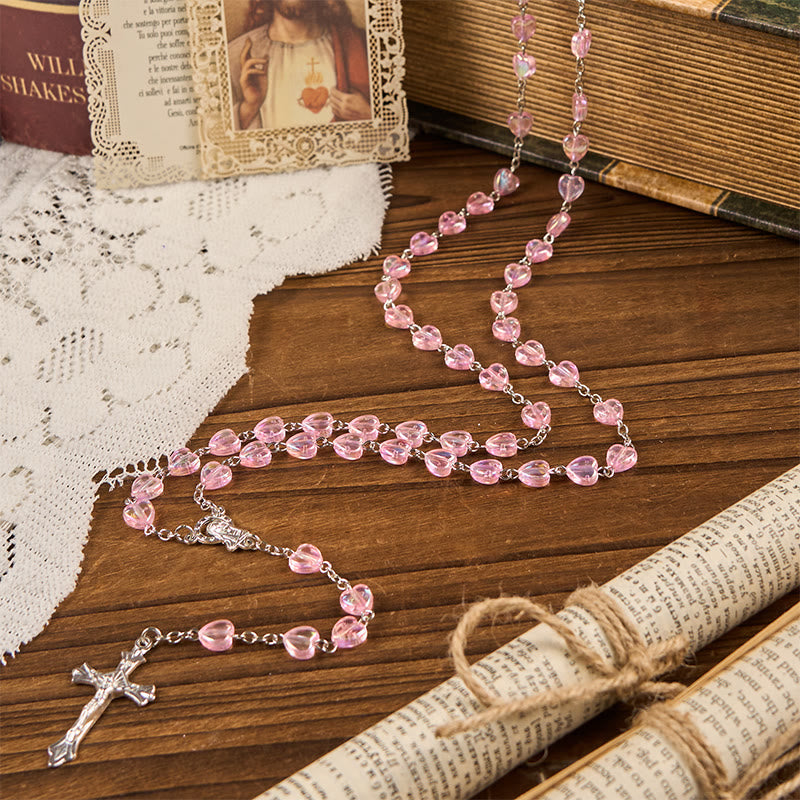 Our Lady & Crucifix of 8mm Heart Acrylic Pink Alloy Chain Rosary