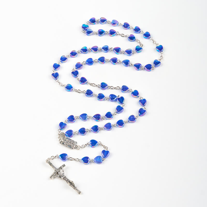 Our Lady & Crucifix of 8mm Heart Acrylic Blue Alloy Chain Rosary