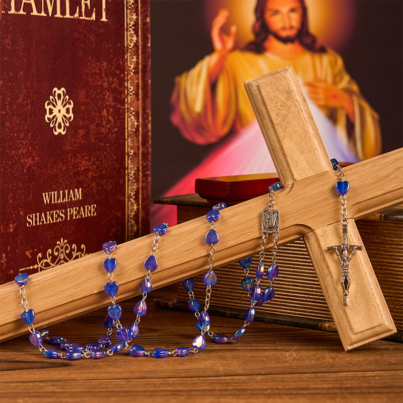 Our Lady & Crucifix of 8mm Heart Acrylic Blue Alloy Chain Rosary