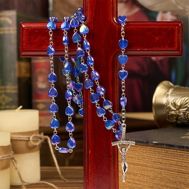Our Lady & Crucifix of 8mm Heart Acrylic Blue Alloy Chain Rosary