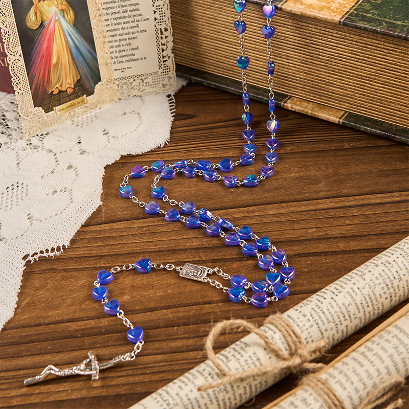 Our Lady & Crucifix of 8mm Heart Acrylic Blue Alloy Chain Rosary