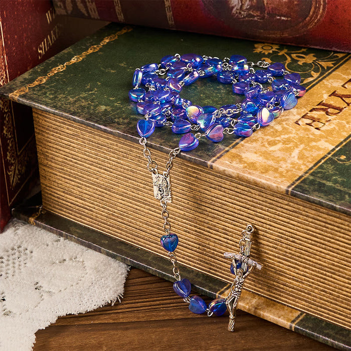 Our Lady & Crucifix of 8mm Heart Acrylic Blue Alloy Chain Rosary