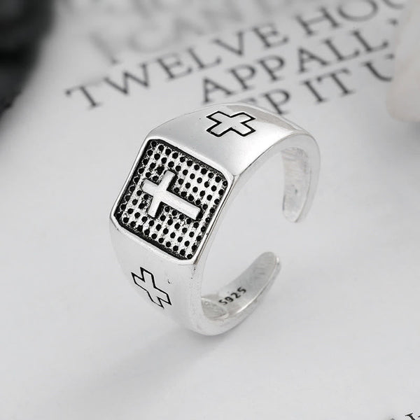 925 Sterling Silver Minimalist Cross Engraved Adjustable Faith Ring