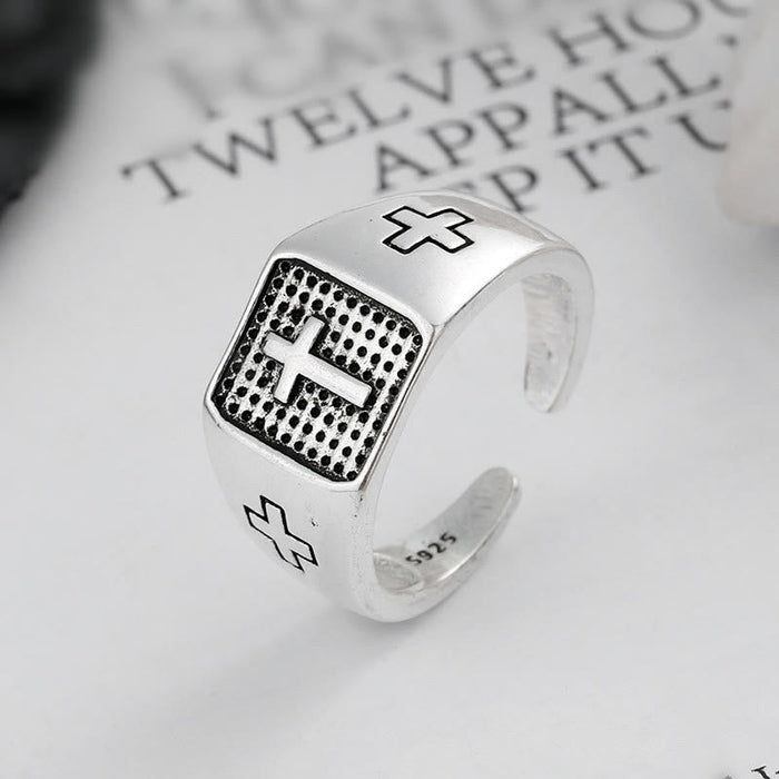 925 Sterling Silver Minimalist Cross Engraved Adjustable Faith Ring