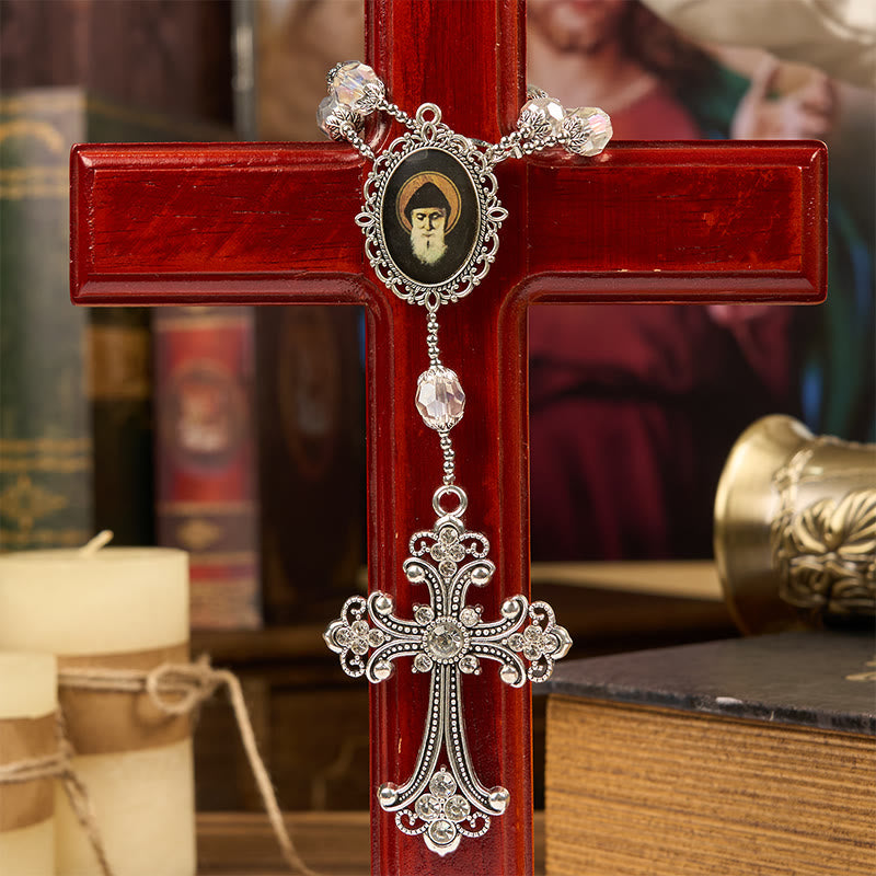 St. Charbel Medal & Cross of 10mm Clear Crystal One Decade Pocket Rosary