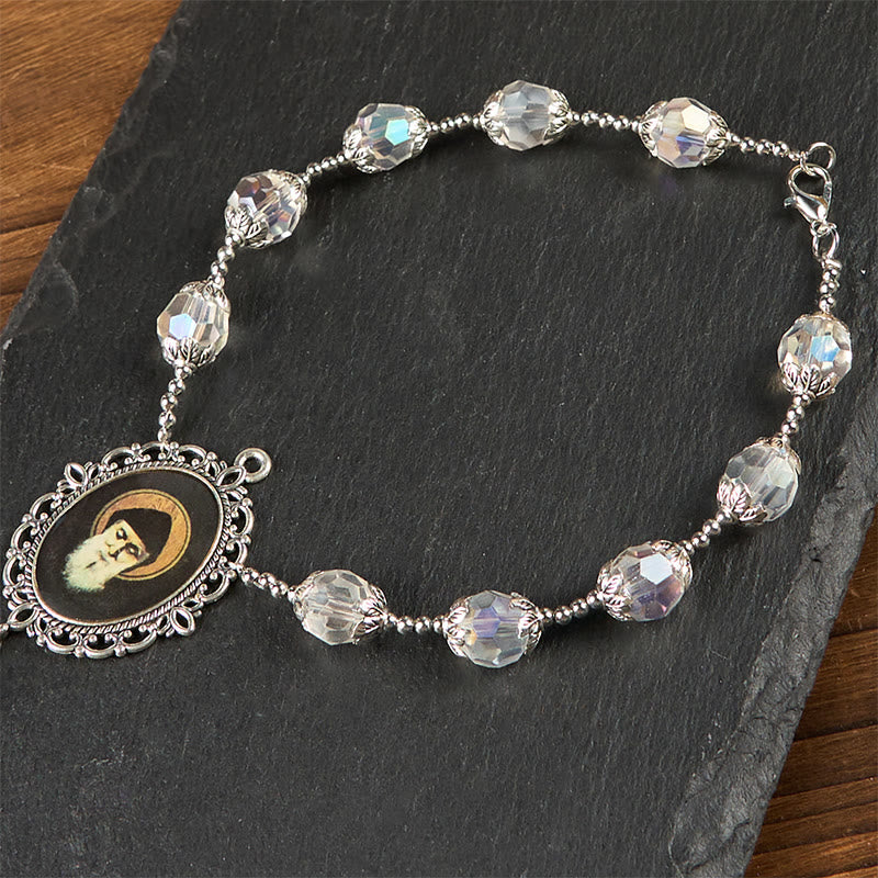 St. Charbel Medal & Cross of 10mm Clear Crystal One Decade Pocket Rosary