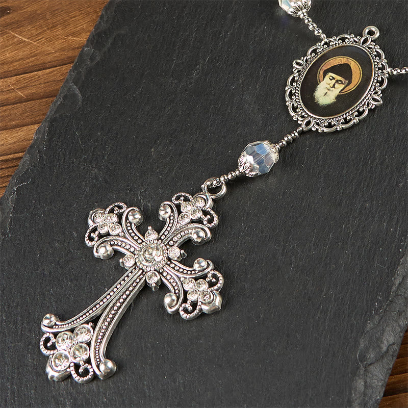 St. Charbel Medal & Cross of 10mm Clear Crystal One Decade Pocket Rosary