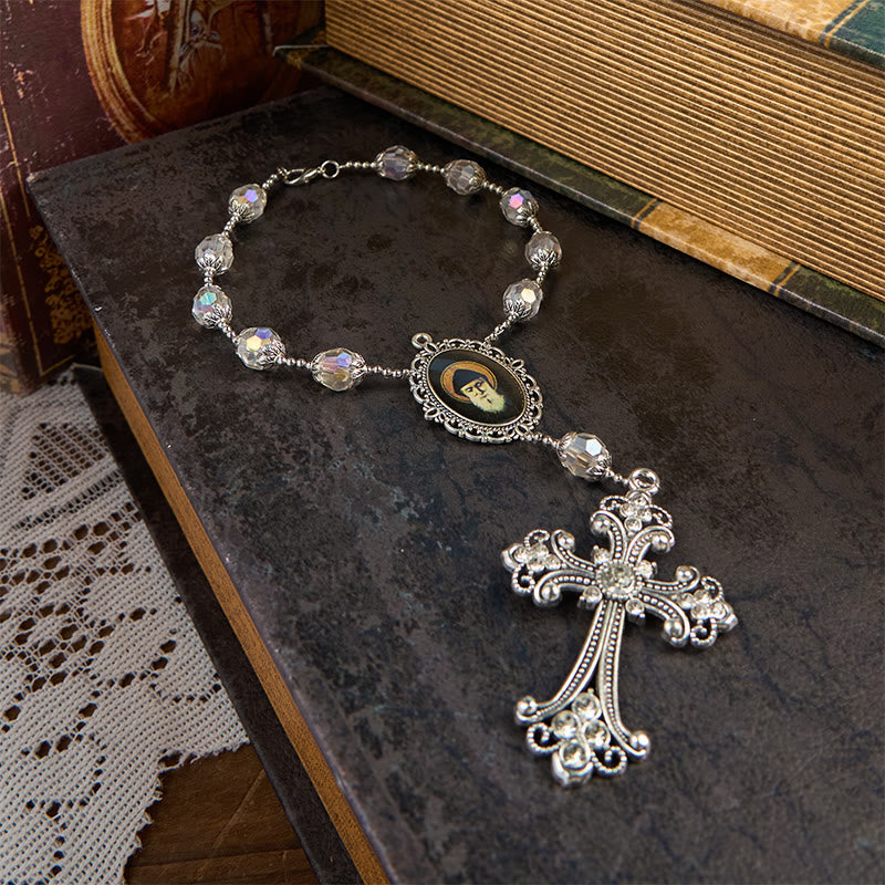 St. Charbel Medal & Cross of 10mm Clear Crystal One Decade Pocket Rosary