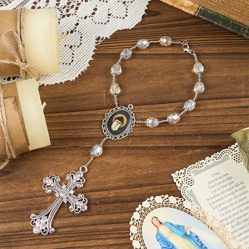 St. Charbel Medal & Cross of 10mm Clear Crystal One Decade Pocket Rosary