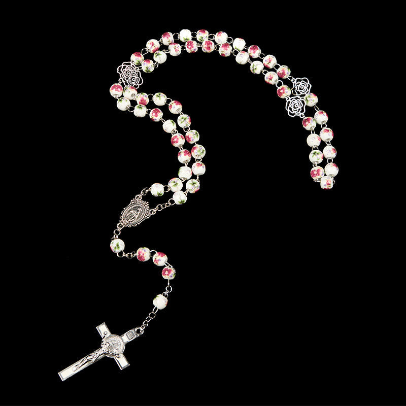 Miraculous Medal & Crucifix of 8mm Pink Floral Ceramics Beads Prayer Rosary