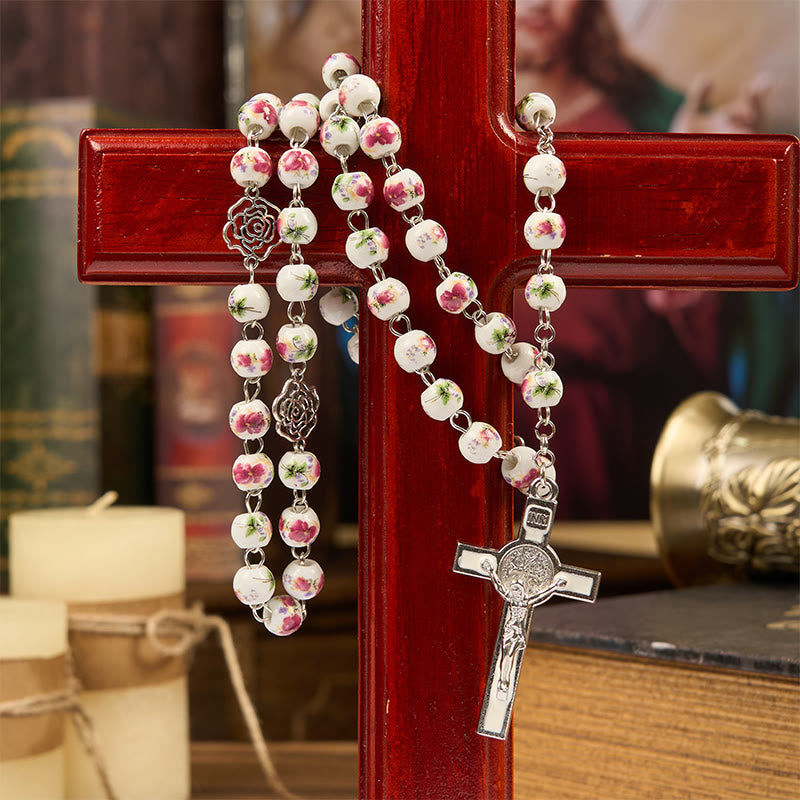 Miraculous Medal & Crucifix of 8mm Pink Floral Ceramics Beads Prayer Rosary