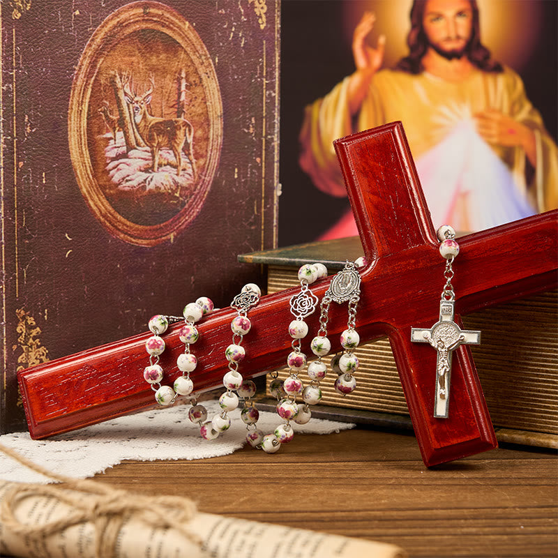Miraculous Medal & Crucifix of 8mm Pink Floral Ceramics Beads Prayer Rosary