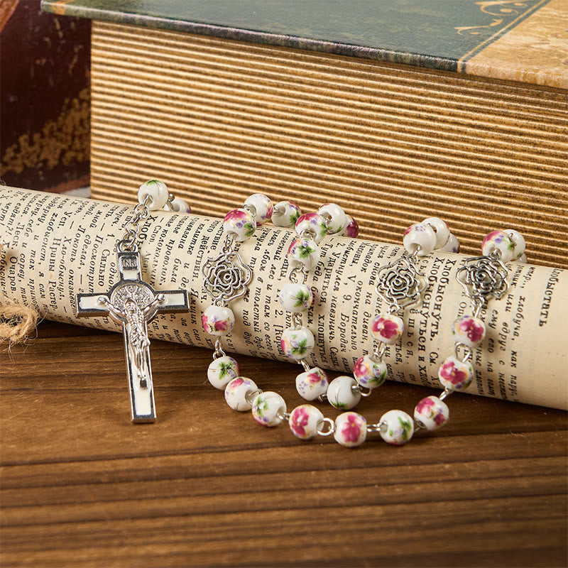 Miraculous Medal & Crucifix of 8mm Pink Floral Ceramics Beads Prayer Rosary